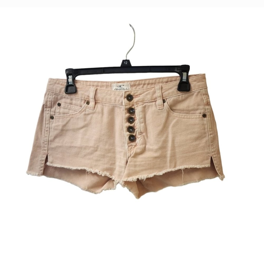 O'Neill Tan Button Fly Nora Denim Jean Shorts Size 3 Low Rise Raw Hem